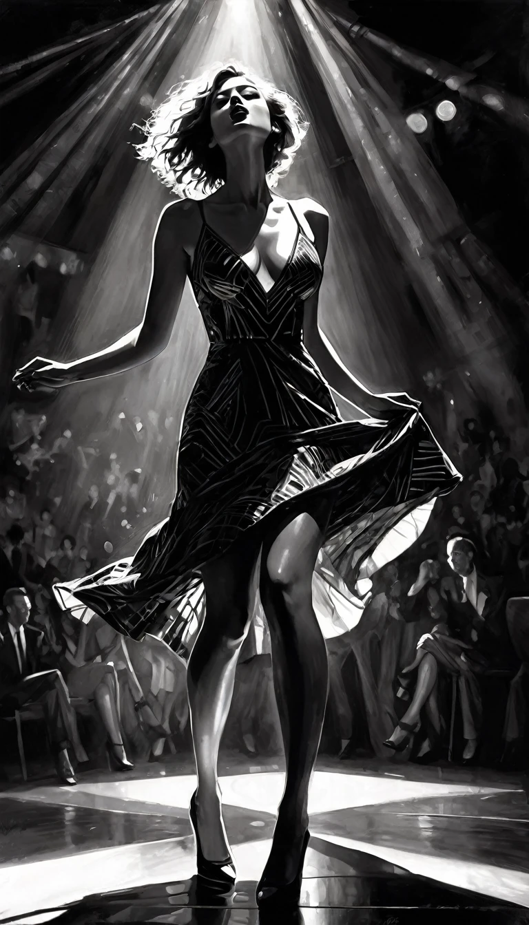 very sexy girl, tight dress, at the disco, dances, has fun, eroticism, sexy, black and white image, between shadows, oil painting, chiaroscuro, sensual, dramatic lighting, moody atmosphere, photorealistic, intricate details, masterpiece, ultra-detailed, high quality, 8k, best quality, realistic, cinematic, dark and brooding, expressionistic, powerful composition, emotional impact, art inspired by Bill Sienkiewicz and Dave McKean
