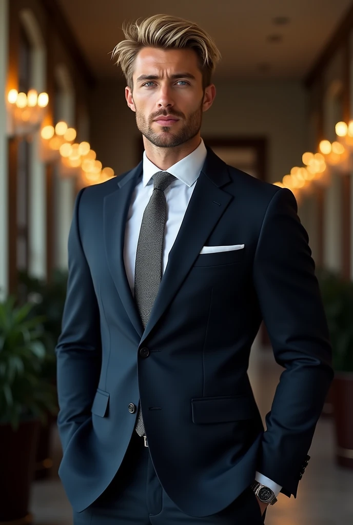 Tall blond man with blue eyes, muscle, with an elegant suit