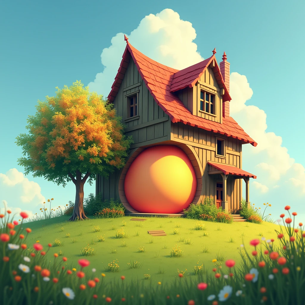 Bright belly,Large two-storey wooden house,meadow,Small flower tree
