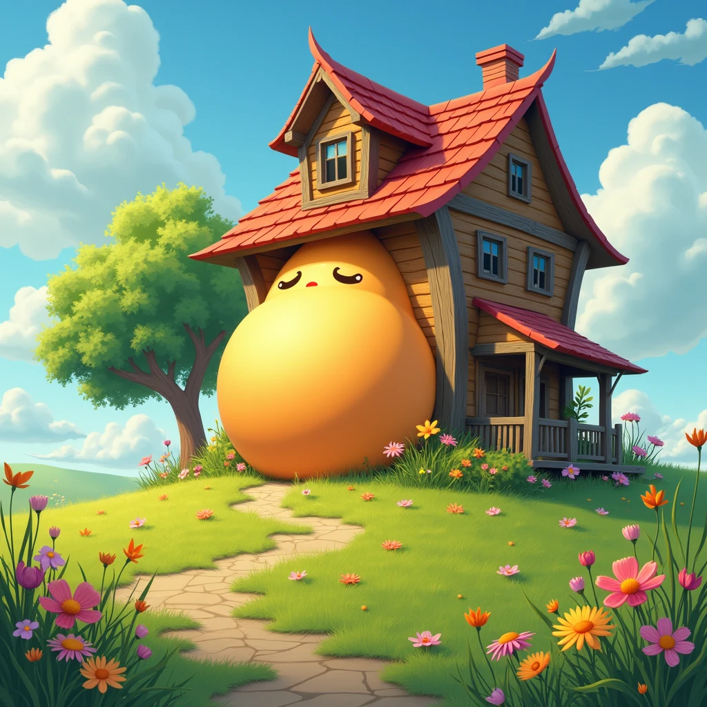 Bright belly,Large two-storey wooden house,meadow,Small flower tree