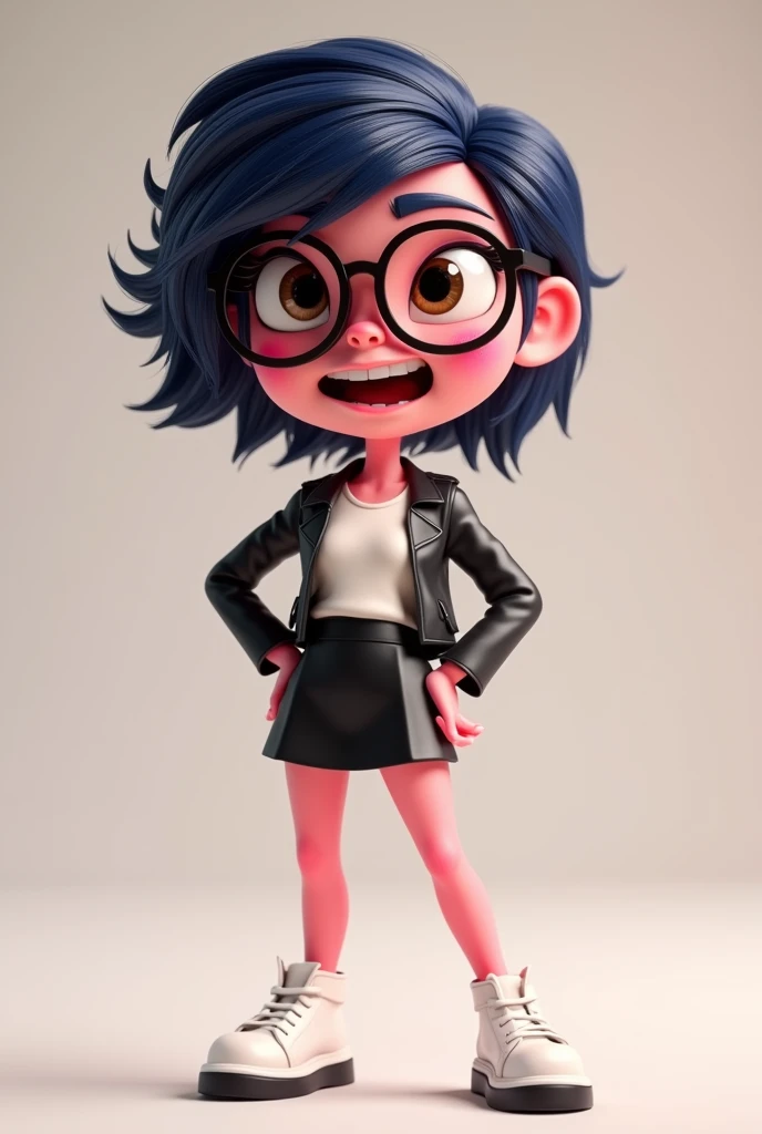 Personagem cartoon 3d de (strong female) from the movie Inside Out Disney Pixar style, with the skin
(Pink), eyeballs (light brown s), body hair (body hair curto preto),
(wearing glasses, white blouse, Black jacke, short leather skirt, white platform shoe). expression of (smiling angrily) in the face
