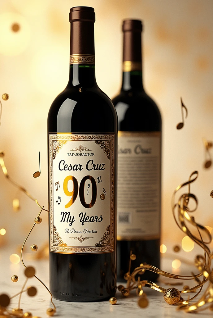 Wine label that says my 90 years CESAR CRUZ PAPASHE color dorado y blanco tematica musical