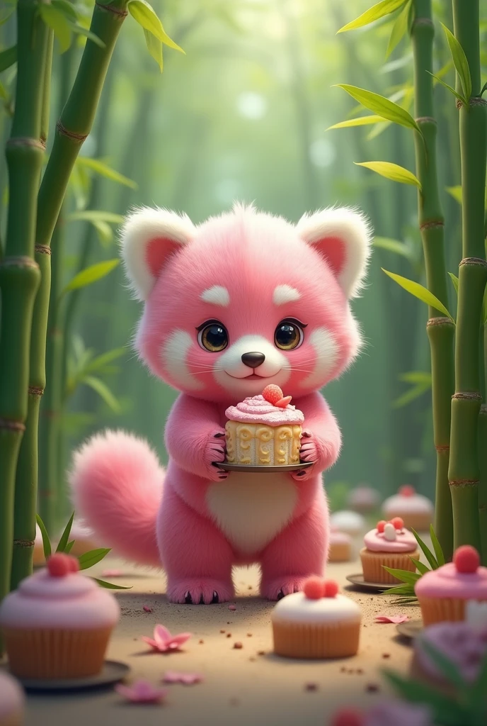 Image of a pink panda cub standing with a cake in its hand in the middle of a bamboo forest with several cakes and cupcakes scattered along the way