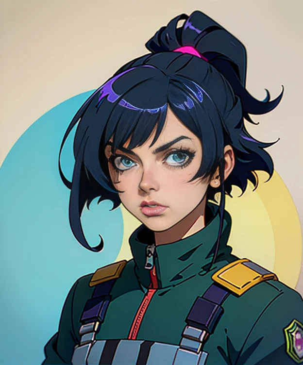 90's adult mistery anime design, (tired woman, detective outfit, dark circle eyes) , (unruly, jet black, short, slightly shaggy, cool looking, hair), simplified pallete, realistic proportion, Rich datails Painted background, old Police station background, pastel shading, pastel colors pallete, cel shading grain texture, hacthing, (masterpiece:1.3), 8k, detailed rich line art,