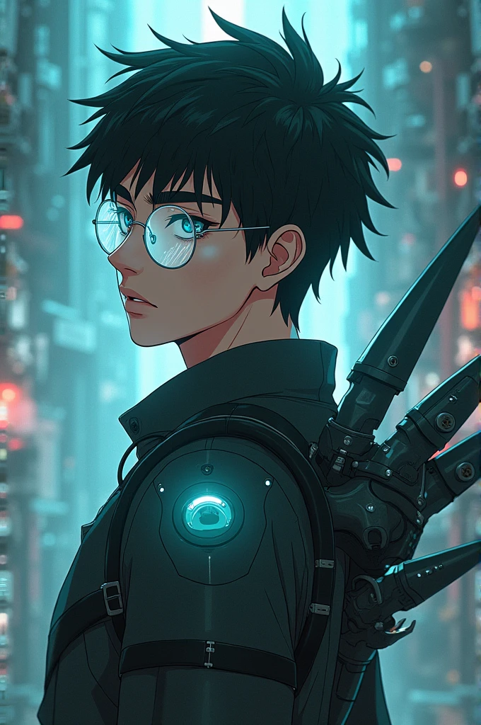 Anime character man with lab band glasses with Celeste glass mechanical claws on back