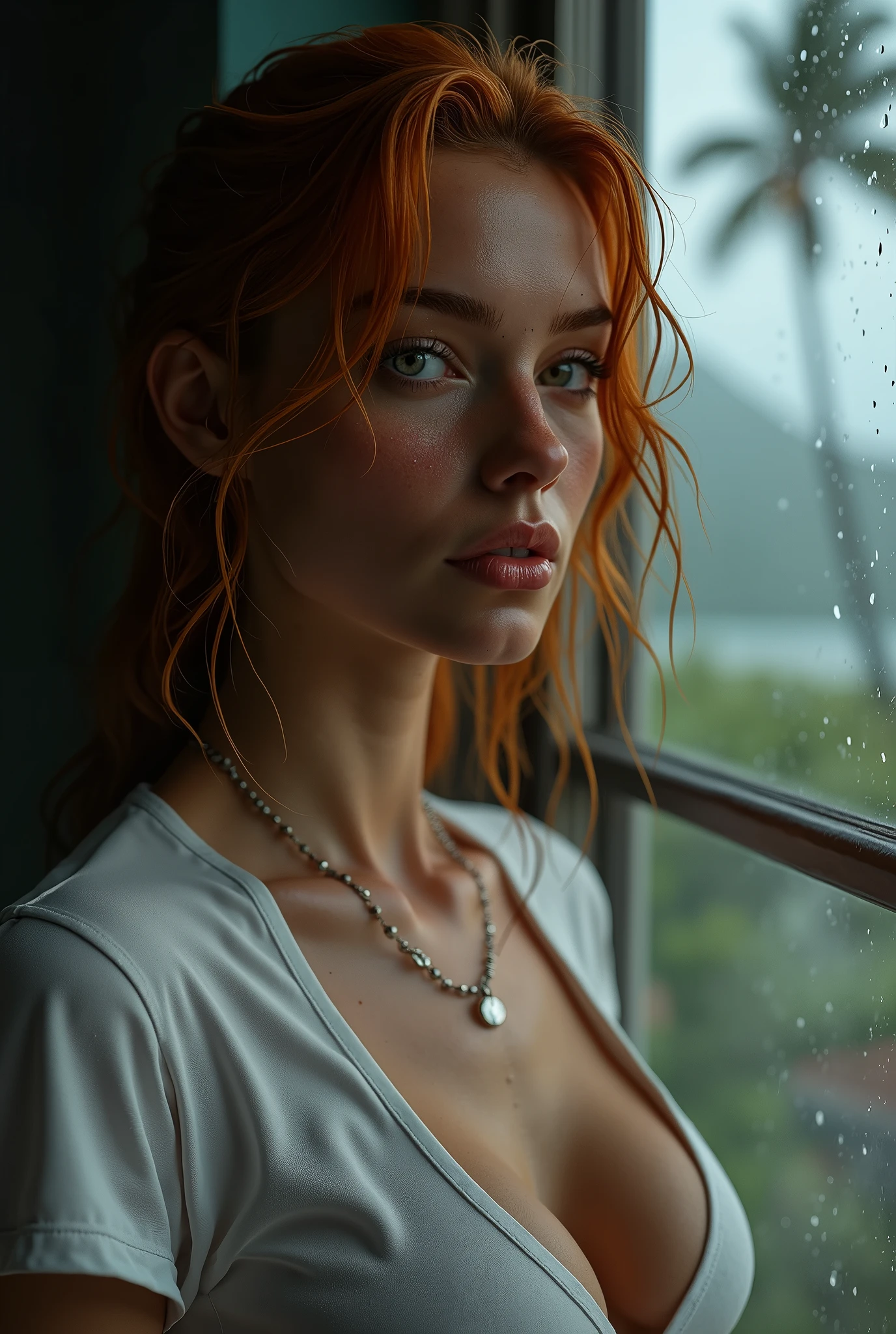 (masterpiece, photorealistic:1.4, extremely intricate:1.3), (photon mapping, radiosity, physically based rendering, ultra resolution, hyper-realistic, 8K), ((((closeup necklace, wet white t-shirt, tied, humid, [medium breasts:large breasts:0.3], abdominals)), humid, [skin detail:freckles:0.7], natural, 19 year age supermodel, [bright blonde hair:red hair:0.7]), dark room, ((outside, outdoors, Hawaiian palm trees, raining, rain, dim, dark sky, windy, wet hair)))
