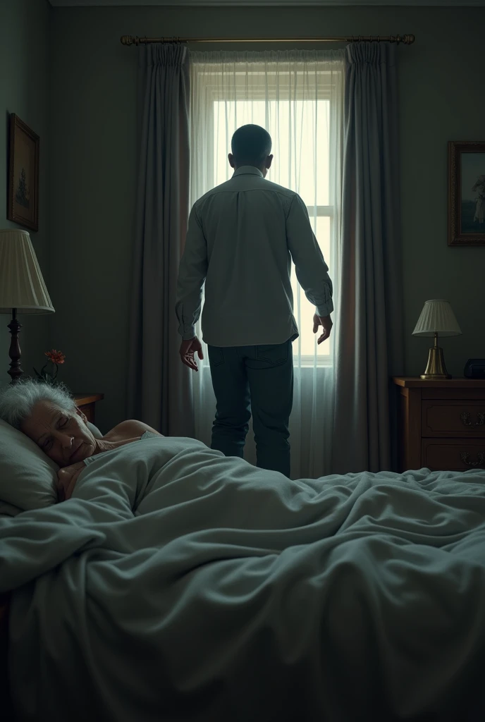 (photorealism:1.2), A black man entering through a window into a lady's room while the lady sleep on her bed letting her barefoot peeped out of her blanket (Old lady of 57 years)