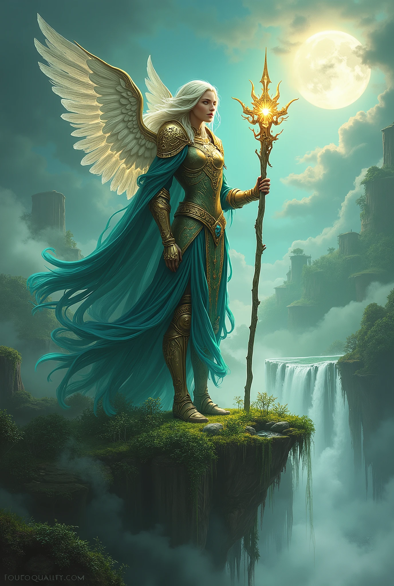 (Guardian of the Enchanted Isles:1.4), (fantasy art style:1.4), (masterpiece:1.4, best quality), (photo realistic:1.4), majestic figure standing tall on a floating island, surrounded by swirling mist and ethereal light, wearing ancient, ornate armor with glowing runes, long flowing hair that dances with the wind, (piercing gaze:1.2), (deep, reflective eyes:1.2), holding a staff that emanates a soft, radiant light, wings made of shimmering crystals that catch the light of the distant sun, (vibrant and lush landscape:1.2), (floating islands with cascading waterfalls:1.2), (mystical flora and fauna:1.2), dynamic composition with strong contrasts, rich textures, dramatic lighting, ((vivid greens:1.2)), (deep blues:1.2), (golden accents:1.2), (((complex background:1.2))), ((high-quality and detailed)), enchanting atmosphere, otherworldly beauty, captivating features, transcendent and unique, perfect image quality, powerful and serene presence