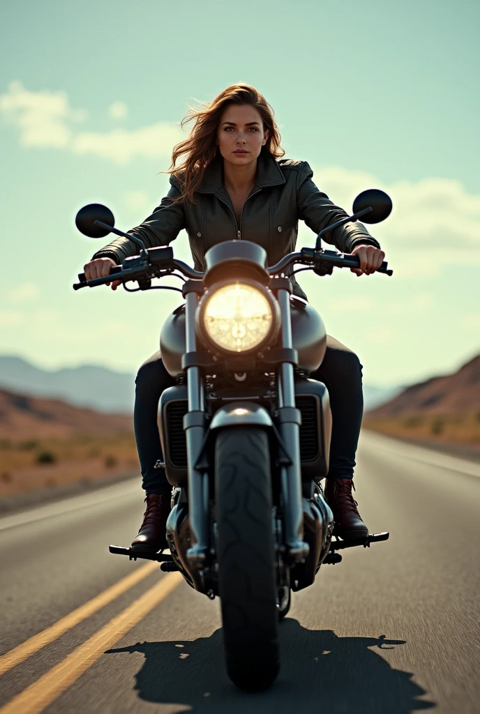  A woman riding a powerful motorbike on an open road, her eyes focused on a distant horizon where the sky meets the road, symbolizing ambition and drive.