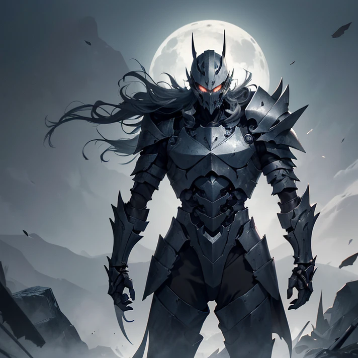 (masterpiece), (best high quality), (High resolution), (masterpiece), (anime style), (grimdark), (HD), (chaos), (simple background), (very detailed character,) ("Silent Hill aesthetic")
{{Male adult grey demonic-knight:(simple grey helmet, has no visor),(biomechanic grey armor, grey biomechanic skeleton-like cuirass, biomechanic grey bone shoulder plates, bone arms armor, four knife wrist claws, grey hands, biomechanic grey hips and legs),(passive menacing pose, scary violent demeanor),(sinple marble moon landscape, blue void sky)}}
