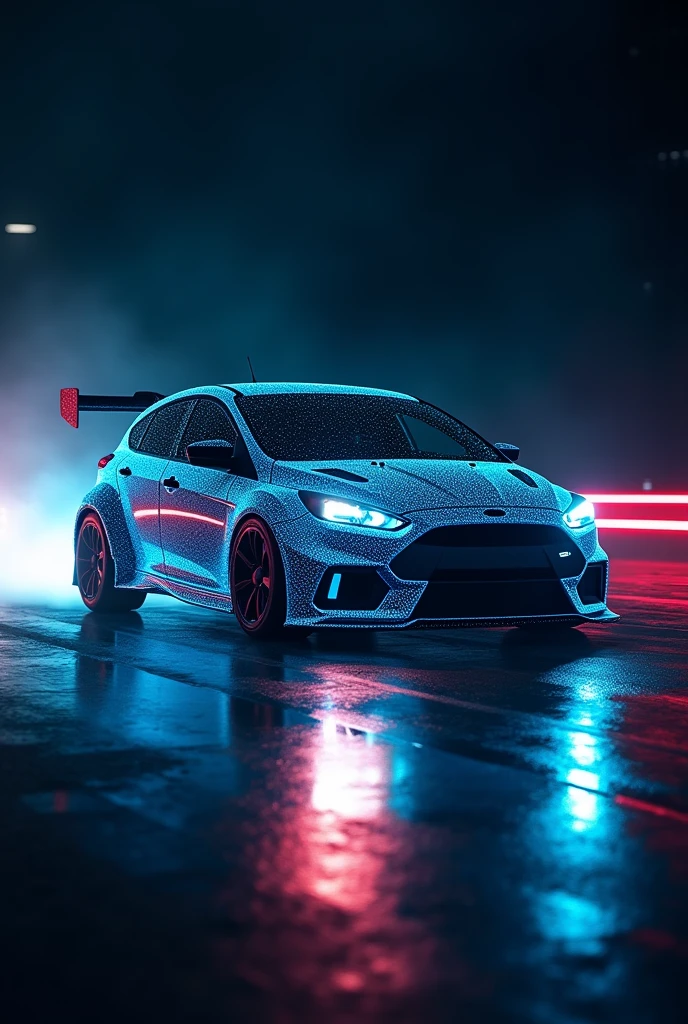 realistic Ford Focus mk2\,((glowing blue)), (blue electric glow)\), at night, (beautiful red fire from the wheel track behind the car), ((shallow depth-of-field)), (bokeh), (lens flare), sharp focus,,((dynamic angle)),award winning photo, beautiful photo, very exciting racing photo,beautiful background