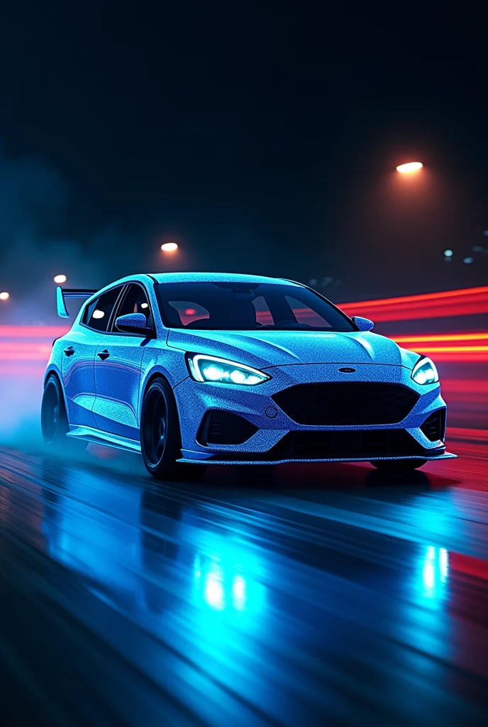 realistic Ford Focus mk2\,((glowing blue)), (blue electric glow)\), at night, (beautiful red fire from the wheel track behind the car), ((shallow depth-of-field)), (bokeh), (lens flare), sharp focus,,((dynamic angle)),award winning photo, beautiful photo, very exciting racing photo,beautiful background