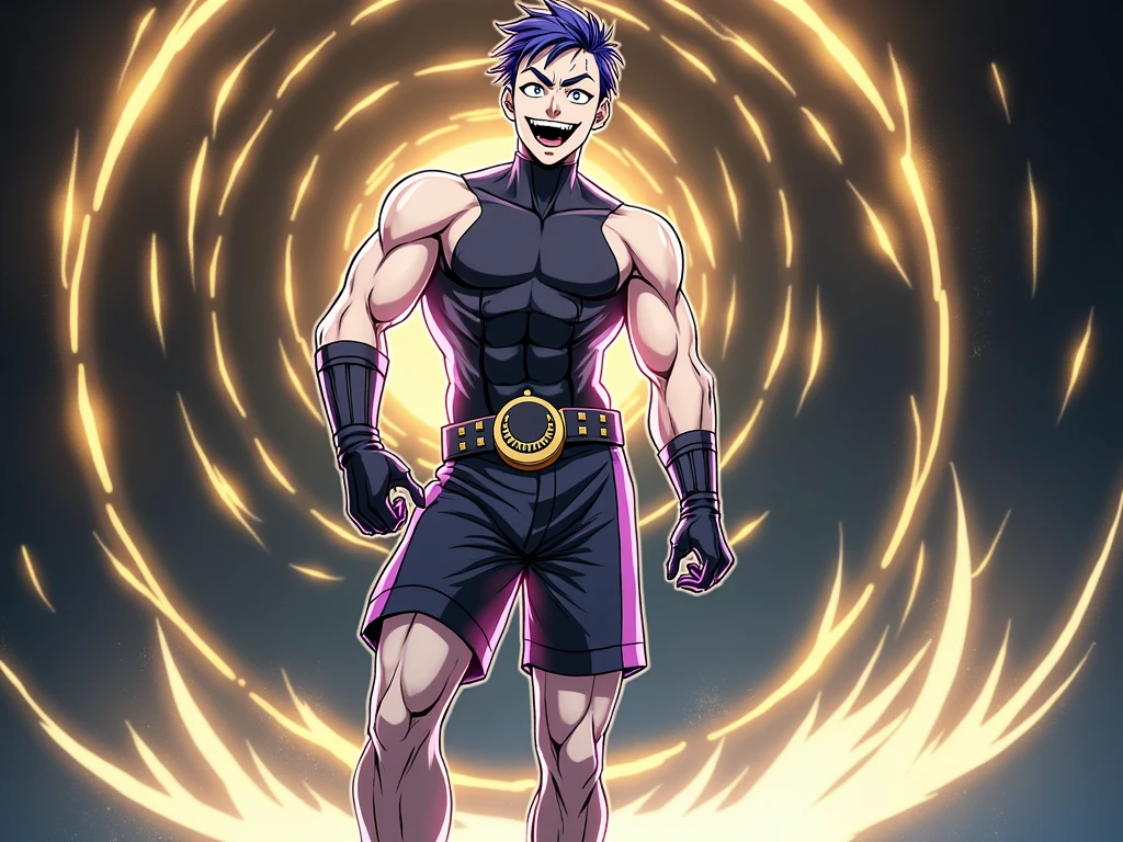 Anime style, 16k, highres, best quality, high quality, super detail, high details, accurate, masterpiece, UHD, 1male, solo, muscular ager boy, open torso without clothes, Black gloves with lunar emblems on both hands, black shorts with a black belt and a lunar circular emblem in the center of the belt, thick violet eyeslash, thick violet eyebrows, villain pose, dark supervillain, diabolical smile, short violet hair, evil happy look, calming standing, sharp teeth, full body focus, look on viewer, violet pupils,