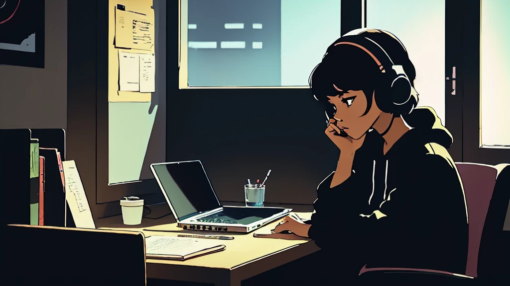 black lofi girl studying with headphones in dark room