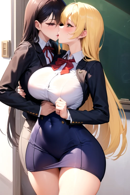 Lesbian (very long loose yellow hair)(big breasts, big thighs)(with school uniform clothes it is very tight) that he is kissing and touching his parts at school with his girlfriend(that they are in a very sexy and compromising position with their girlfriend(big breasts, big thighs)lesbian love
