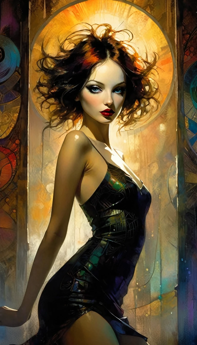 very sexy girl, tight dress, at the disco, dances, has fun, eroticism, sexy, (best quality, 4k, 8k, high resolution, masterpiece: 1.2), ultra-detailed, (realistic, photorealistic, photorealistic: 1.37), details intricate, vivid colors, sharp focus, professional, Dave McKean artwork, surrealism oil touch, oil painting style, portrait, woman, beautiful detailed eyes, beautiful detailed lips, dreamy atmosphere, shadow play, lighting soft, fun pose, dark tones, ethereal background, fantasy elements, texture, layered composition., art inspired by Bill Sienkiewicz and Dave McKean
