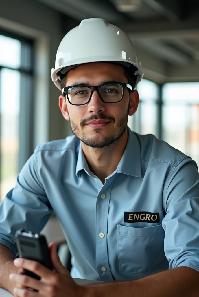 Create a HSE Manager image in office at Engro fertilizer age 22 with white helmet and walki talki stylish shirt  in office working And black glass and shirt pocket ENGRO Logo fix