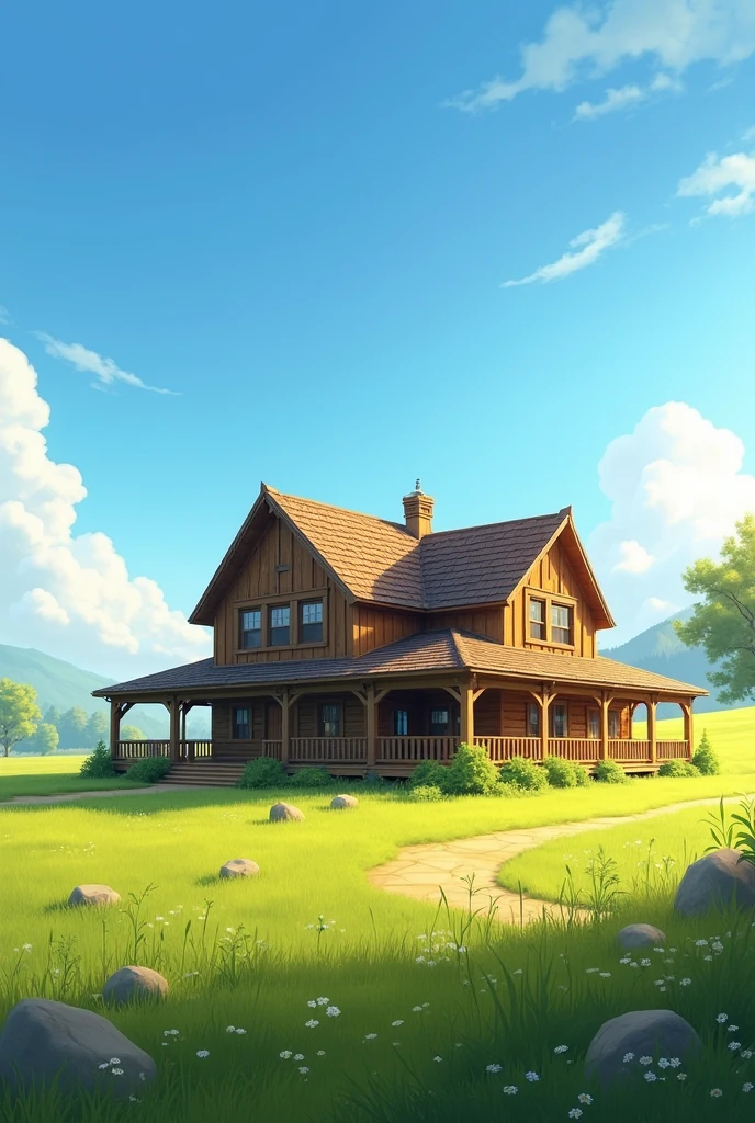 clear sky,Large two-storey wooden house,meadow,