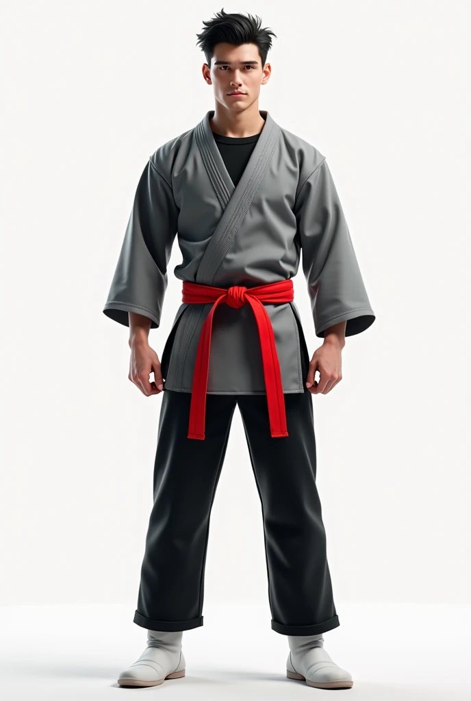 20 year old boy with pale white skin
Good body Wearing a tight black shirt, over it a grey karate suit and red belt,
Black pants and white plain boots