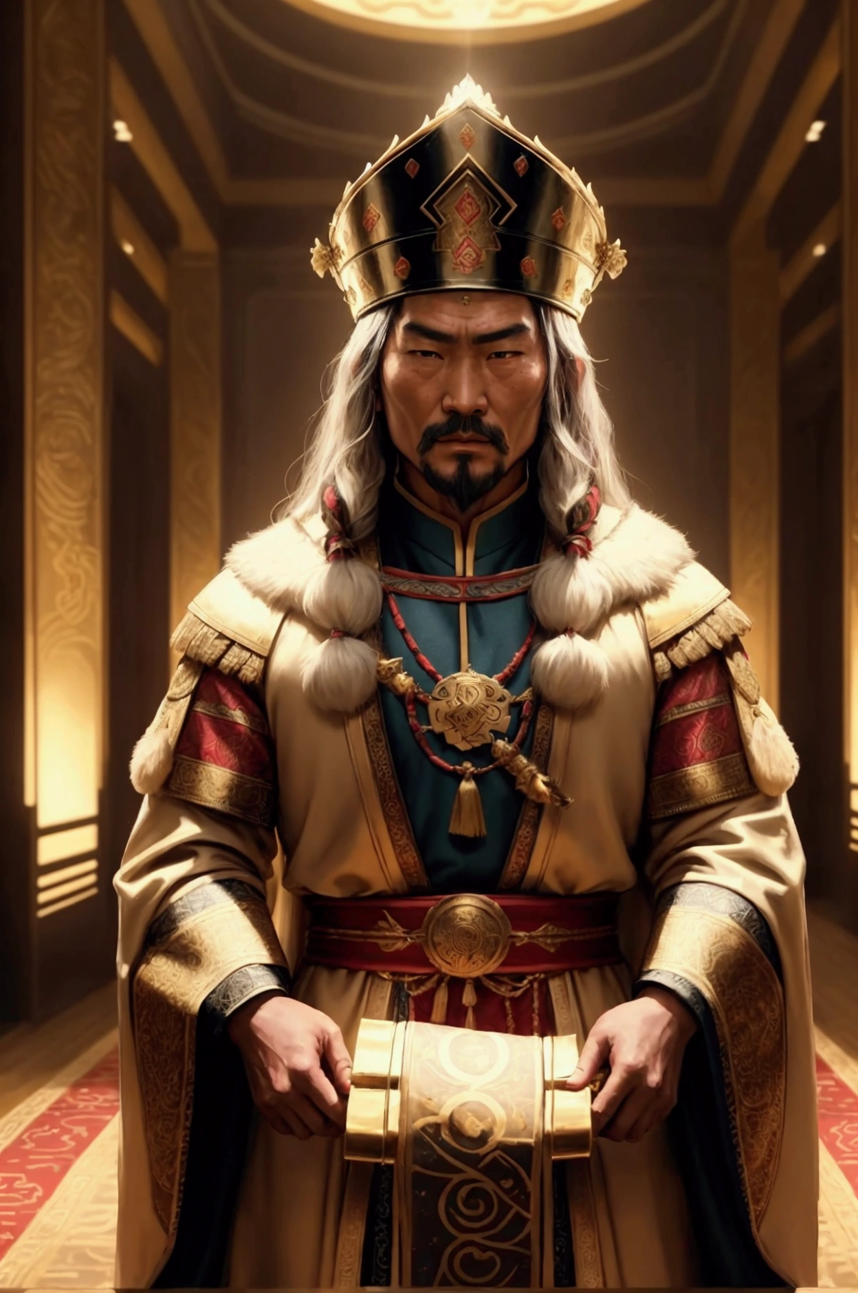 Cinematic Scene Prompt for SeaArt.AI with Technical Details: Genghis Khan Overseeing His Daughters Scene Setup: The scene is set in an opulent, grand hall with high ceilings adorned with intricate Mongolian designs and tapestries. The lighting is warm, emanating from large braziers and chandeliers that cast a golden glow across the room. The grandeur of the setting reflects the immense power and influence of the Mongol Empire. Camera Movement: The scene opens with a wide, establishing shot, slowly zooming in on Genghis Khan, who stands at the center of the hall. His posture is commanding, exuding authority as the ruler of a vast empire. The camera then pans around him in a 360-degree shot, revealing his daughters, who are arranged in a semi-circle, all facing him with reverence. Character Details: Genghis Khan is dressed in ceremonial Mongol armor, richly detailed with gold and fur accents. His expression is one of pride and determination. His daughters are adorned in elegant, royal attire, each outfit tailored to represent their respective kingdoms, with colors and fabrics that reflect their power and status. They hold symbolic items—a crown, a scepter, an ornate sword—each representing their authority over their territories. Lighting and Mood: The lighting is designed to focus on the central figures, with the background slightly blurred, ensuring that Genghis Khan and his daughters are the primary focus. Soft, ambient lighting highlights the intricate details of their attire and the symbols of power they hold. The mood is one of solemnity and respect, underscoring the gravity of their roles in the empire.