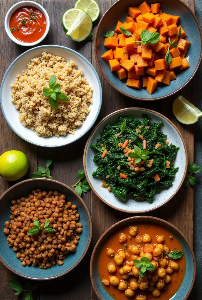 vegetarian foods: 1. Quinoa salad, 2. baked sweet potato, 3. sauteed spinach, 4. lentil curry, 5. Indian Chickpea Curry
image size should be 1200px by 630px
