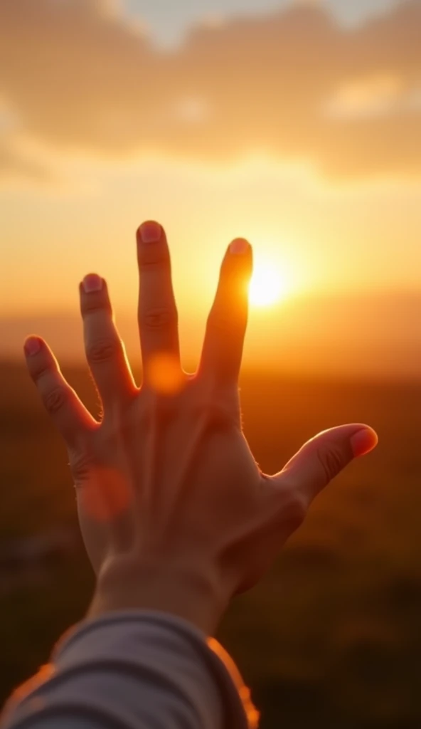 First Person View, Extending one hand towards the sun, spread your fingers wide., Blocking the sun with the palm of my hand, Hands perfectly aligned with the sun, The back of the hand where blood flows, Dazzling sunlight