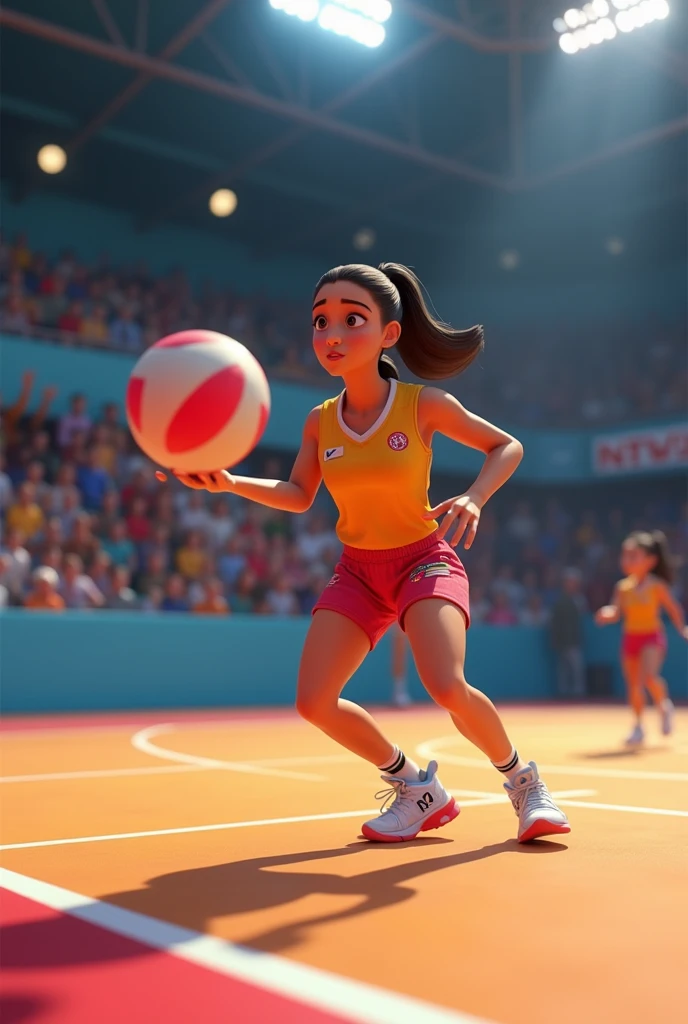 Animated woman in her green uniform is playing volleyball in front of the crowd