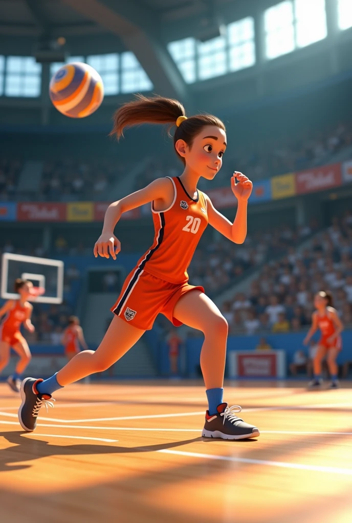 A 3D Disney Pixar-style animation image showing a netball player in a game about to pass