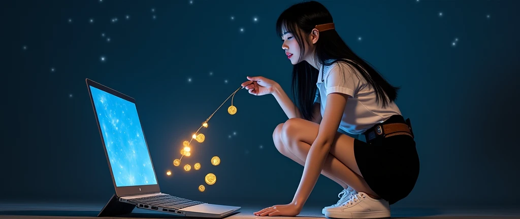 Korean-thai teenage girl group female singer, Thai university uniform, black tight slit mini skirt, starry sky, bright stars, slim and perfect figure, medium breasts, emphasize on breasts and hip and bottoms and thigh, rule of thirds, white tight between cap-sleeve and short-sleeve button up shirt for woman, white sneakers, brown suede belt, silver modern canvas belt buckle, silver shirt buttons, black long straight messy hair, beautiful face, dynamic compositions, squating far away from laptop:1.4, slender, the laptop is opened 180 degree and put on the floor:1.4, in the dark working room, blue water in the laptop screen:1.4, blue light tone, orange highlight, put on the thief mask:1.5, bad guy smiling face expression:1.5, using the fishing rod to get gold coins from laptop screen:1.5, a lot of gold coin come out from laptop screen, hyper-realistic, pulling fishing pole:1.5, fishing rod:1.5