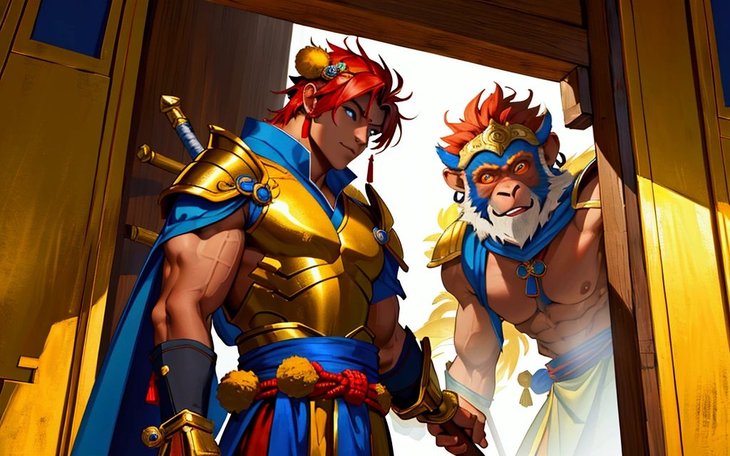 The image is a digital painting of a monkey-like warrior. He is muscular, with golden armor and a blue sash. He has a staff over his shoulder and is holding a weapon in his right hand. The background is a red and gold door. It is likely a depiction of Sun Wukong, the Monkey King, a legendary figure from Chinese mythology, 4k, HD, Ultra HD, Artstation