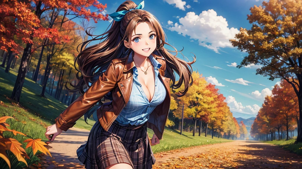 1girl, solo, trees, sun, clouds, autumn, colorful trees, falling leaves, ((brown hair)), ponytail, large breasts, ((brown leather jacket)), button down shirt, ((blue checked shirt)), ((unbuttoned shirt)), unbuttoning buttons, ((full cleavage)), blue eyes, long skirt, brown boots, smile, happy, looking at the viewer, walking, upper view, hair ribbon, golden necklate