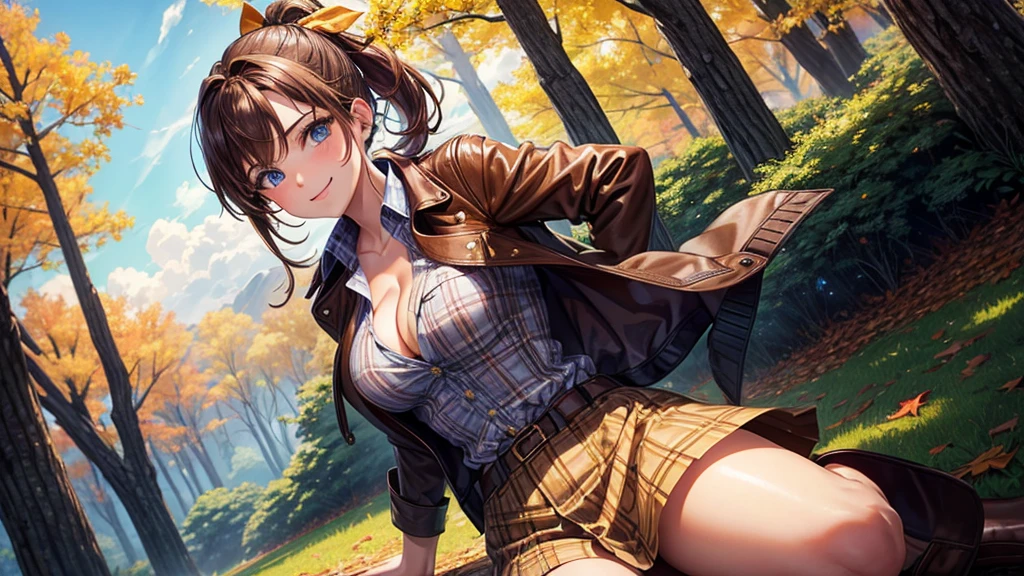 1girl, solo, trees, sun, clouds, autumn, colorful trees, falling leaves, ((brown hair)), ponytail, large breasts, ((brown leather jacket)), button down shirt, ((blue checked shirt)), ((unbuttoned shirt)), unbuttoning buttons, ((full cleavage)), blue eyes, long skirt, brown boots, smile, happy, looking at the viewer, walking, upper view, hair ribbon, golden necklate
