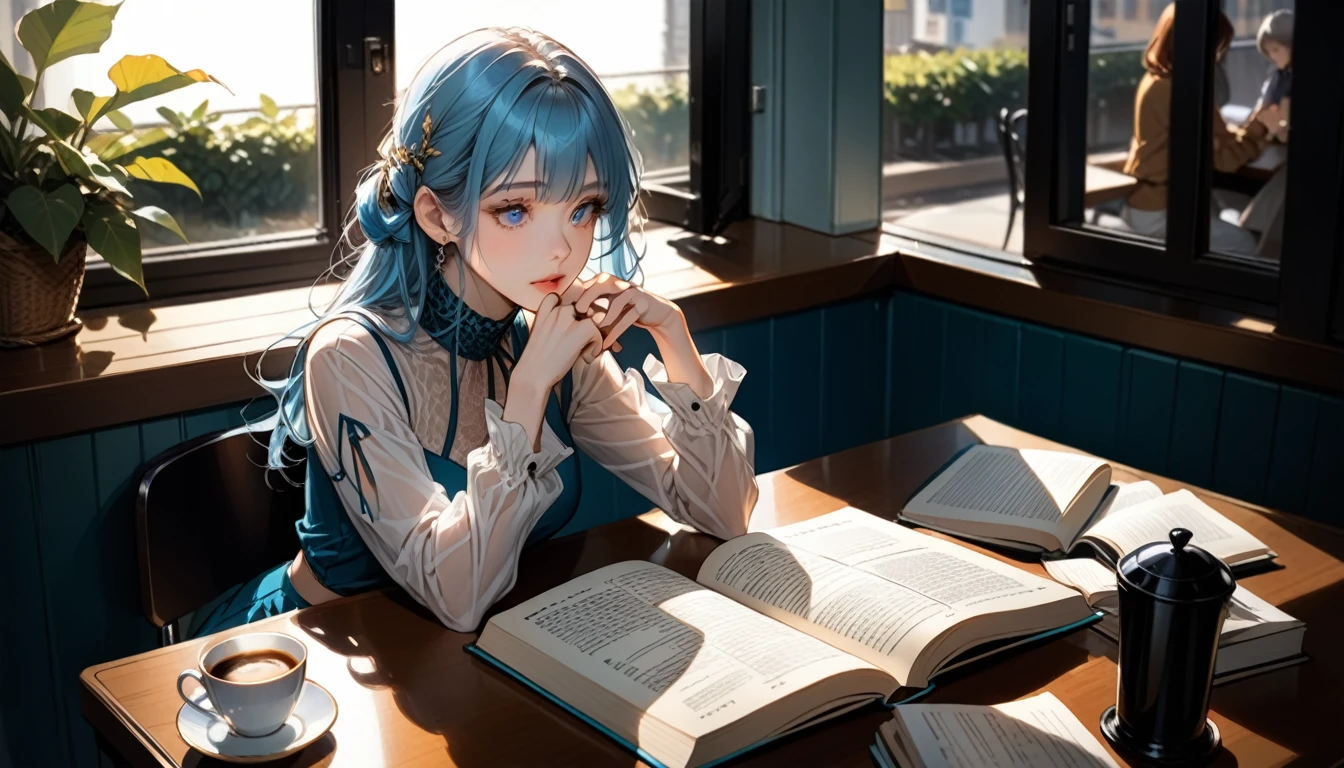Illustrator, anime, realistic, sketch, one person, album artwork, lips, morning café, sitting, desk, drinking coffee while reading a book, gaze focused on the book, left hand holding coffee, (masterpiece, highest quality), orange and marine blue hair, simple long-sleeved clothes, delicate eyes, slanted eyes, gaze focused on the book, (masterpiece, highest quality),オレンジとマリンブルーメッシュが入った髪の色