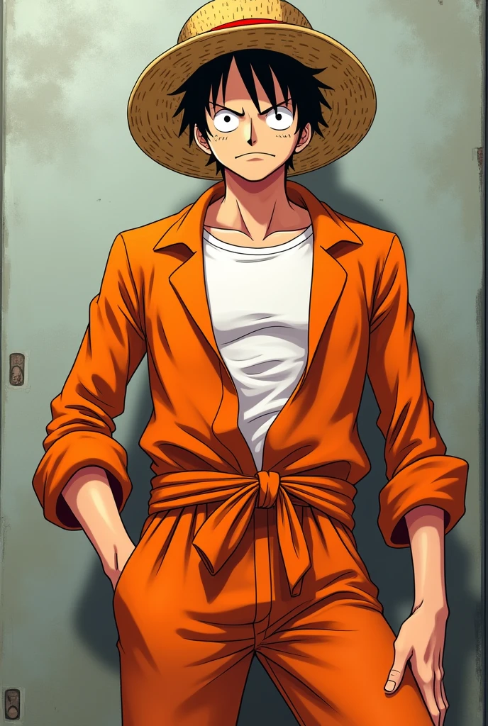 Monkey D. Luffy in an orange prison uniform with long sleeves and a white T-shirt and an orange prison uniform jacket tied around his waist