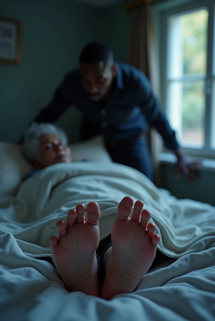 (photorealism:1.2), A black man entering through a window into a lady's room while the lady sleep on her bed letting her barefoot peeped out of her blanket ( lady of 57 years)
Show the lady pinkish foot soles wrinkled barefoot (The black guy staring at her feet)