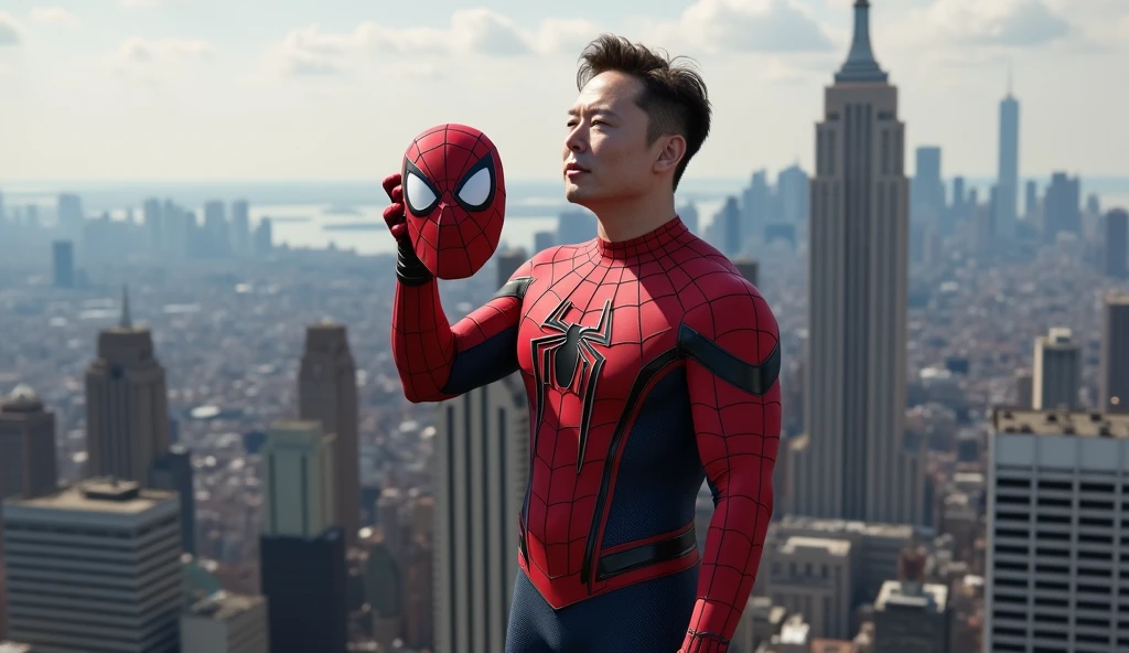 Create a hyper realistic Elon Musk image, wearing spiderman uniform, on top of the tallest building in new york, with the mask in hand.
