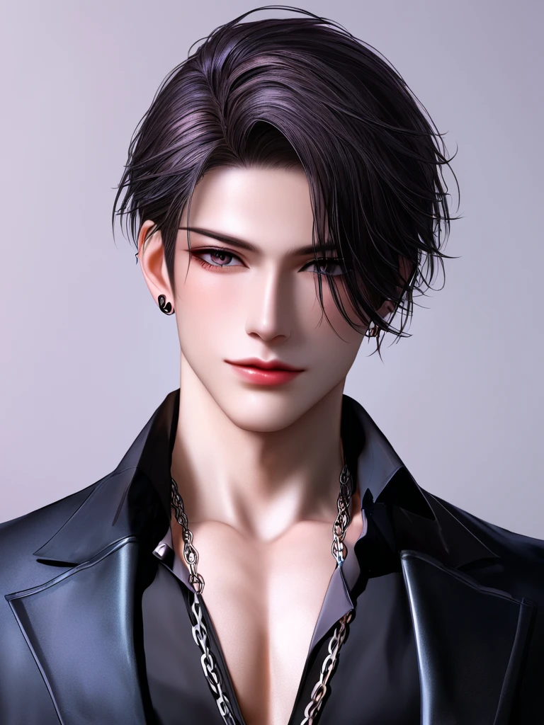 kpop idol boy, handsome, black outfit, chain, dark