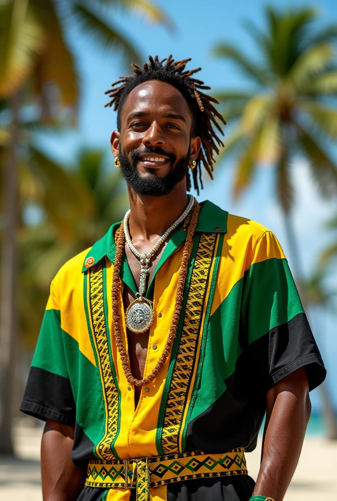 Jamaican inspired costume for men that is in the colors of the flag