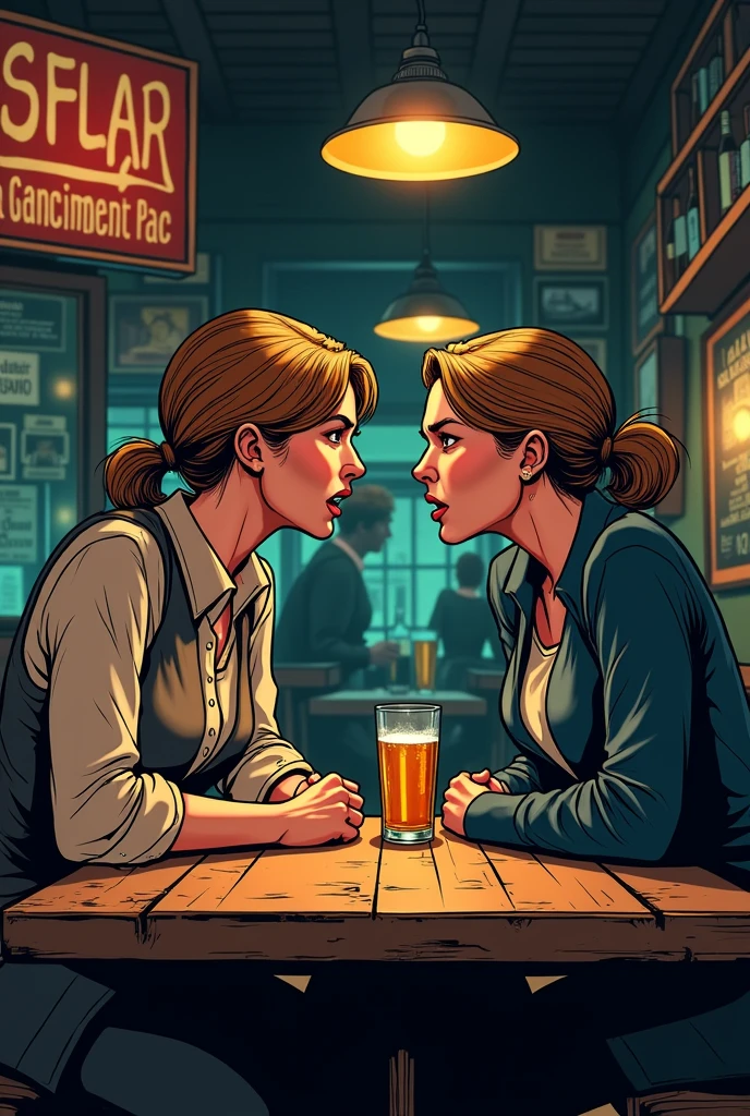 Create a lineart illustration Scenario: Pub Confrontation: Show Marine and Joanne in an intense confrontation in the pub. Marine could have a hurt and angry expression, while Joanne looks defiant and haughty. The background could be a pub, with the table where the argument is taking place and a tense atmosphere.