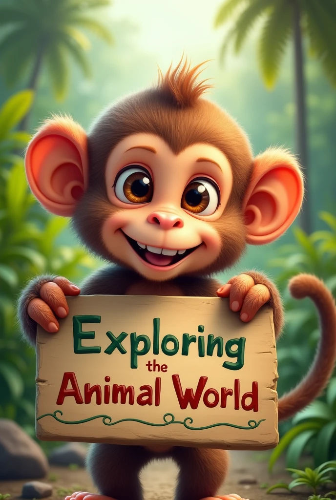 generate an image of a cute monkey's face with a sign sticking out of its arms that says exploring the animal world