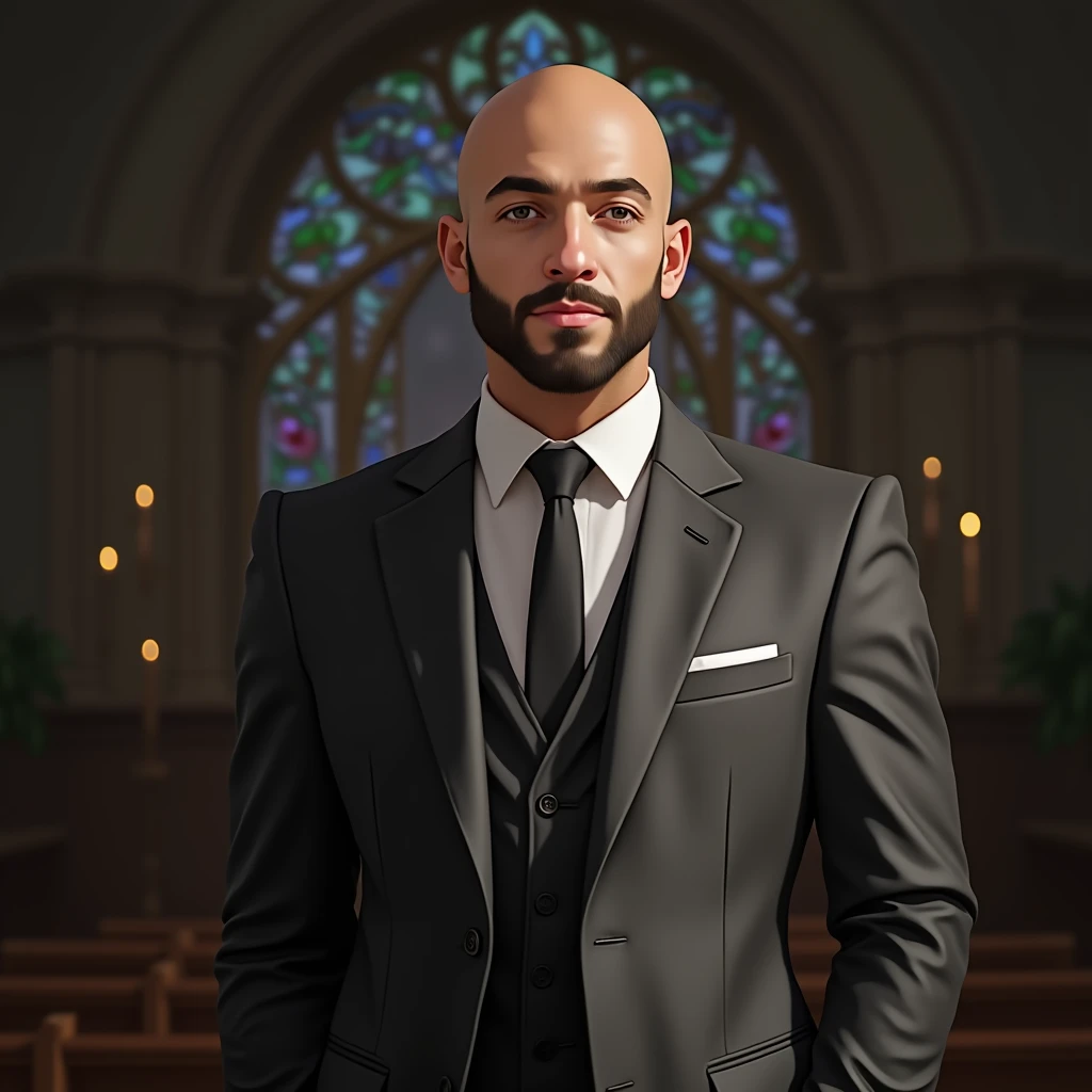 a bald handsome man in a suit and a girl in a white wedding dress, beautiful detailed eyes, beautiful detailed lips, extremely detailed face and features, long eyelashes, elegant pose, standing at an altar, sunlight streaming through stained glass windows, ornate church interior, dramatic lighting, cinematic, highly detailed, photorealistic, 8k, best quality, masterpiece