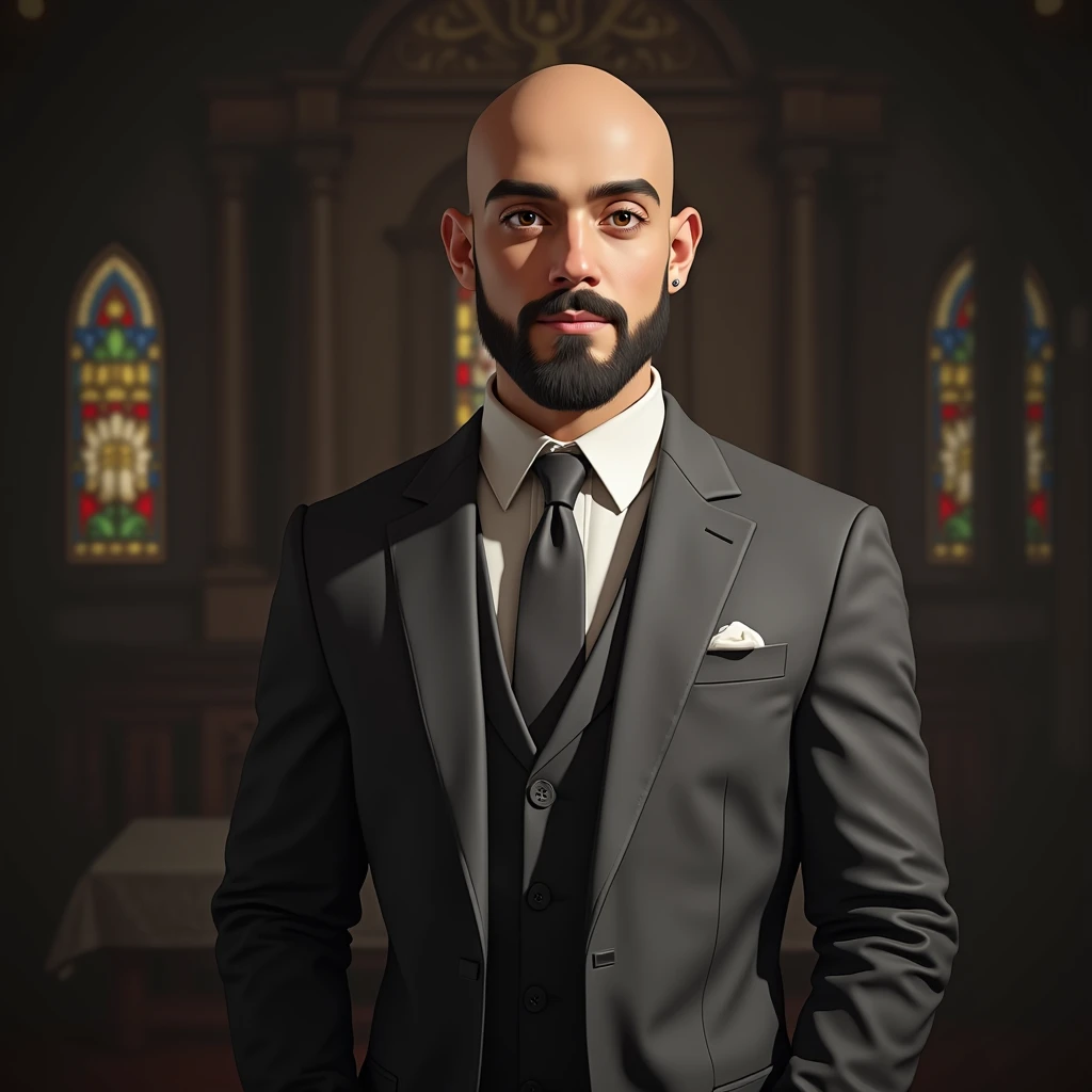 a bald handsome man in a suit and a girl in a white wedding dress, beautiful detailed eyes, beautiful detailed lips, extremely detailed face and features, long eyelashes, elegant pose, standing at an altar, sunlight streaming through stained glass windows, ornate church interior, dramatic lighting, cinematic, highly detailed, photorealistic, 8k, best quality, masterpiece