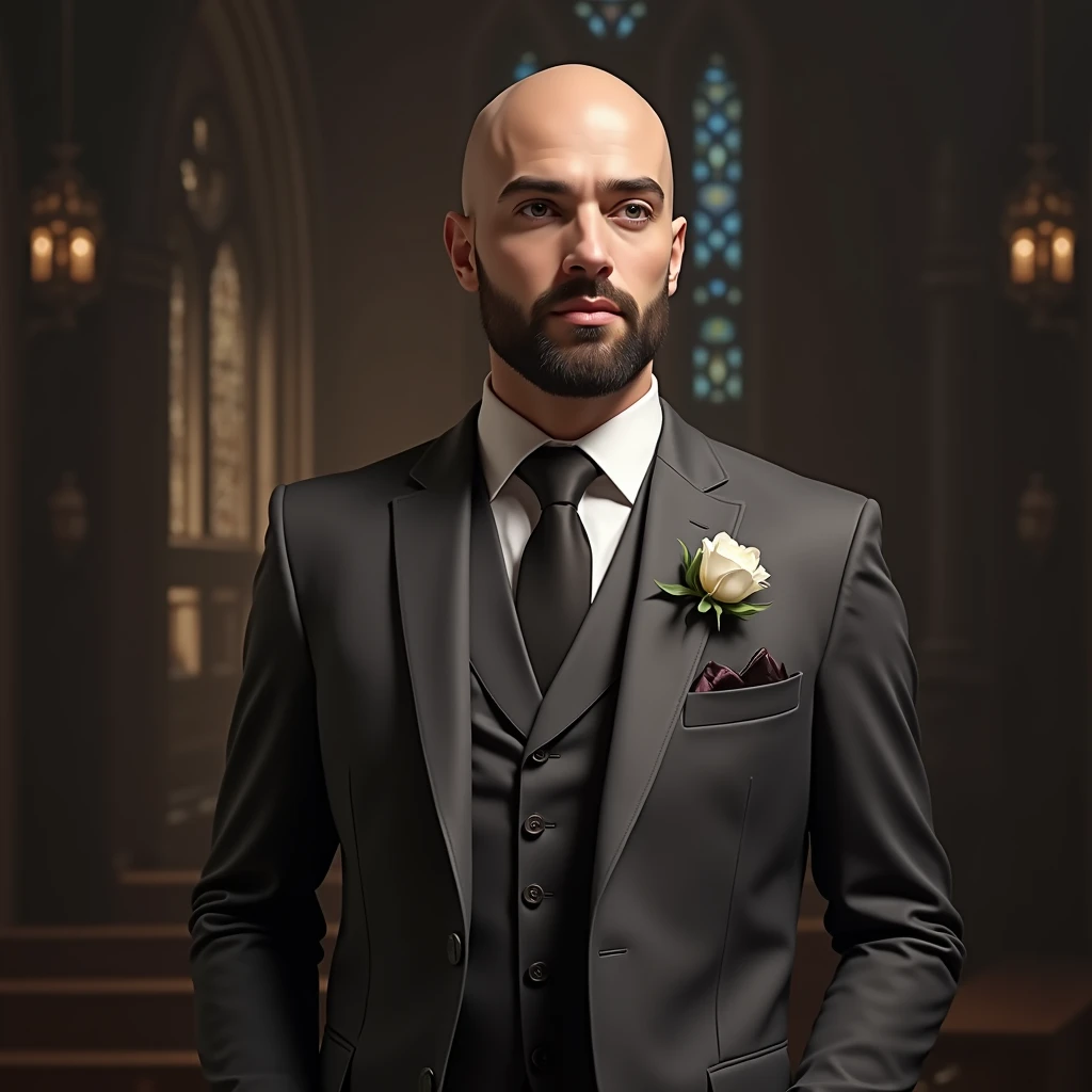 a bald handsome man in a suit and a girl in a white wedding dress, beautiful detailed eyes, beautiful detailed lips, extremely detailed face and features, long eyelashes, elegant pose, standing at an altar, sunlight streaming through stained glass windows, ornate church interior, dramatic lighting, cinematic, highly detailed, photorealistic, 8k, best quality, masterpiece