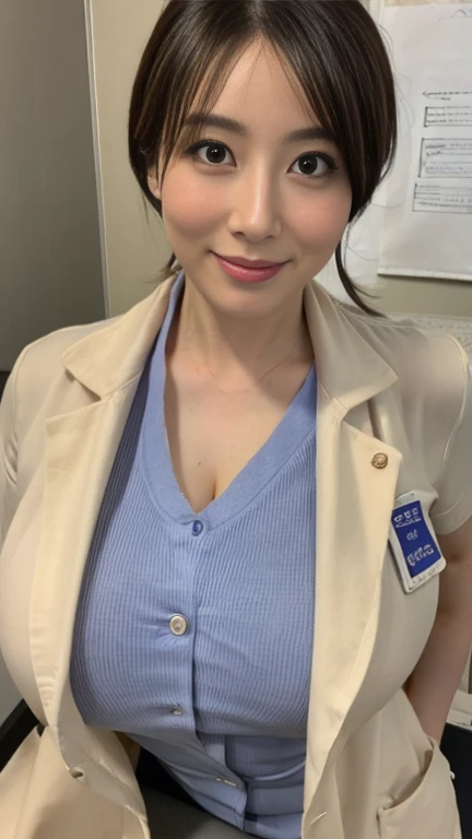((School nurse's office)),)（Best Quality,8K,Raw photo,Realistic,High resolution:1.2),(curvy japanese milf）(gigantic huge breasts),(),,(doctor uniform:1.3),look horny,),((embarrassed erotically)),(((be shy erotically))),upper body from front ,(tight fit),,,gigantic breasts close-up,looking viewer,,(highlights gigantic breasts),slightly smile,(short hair),sit,glasses