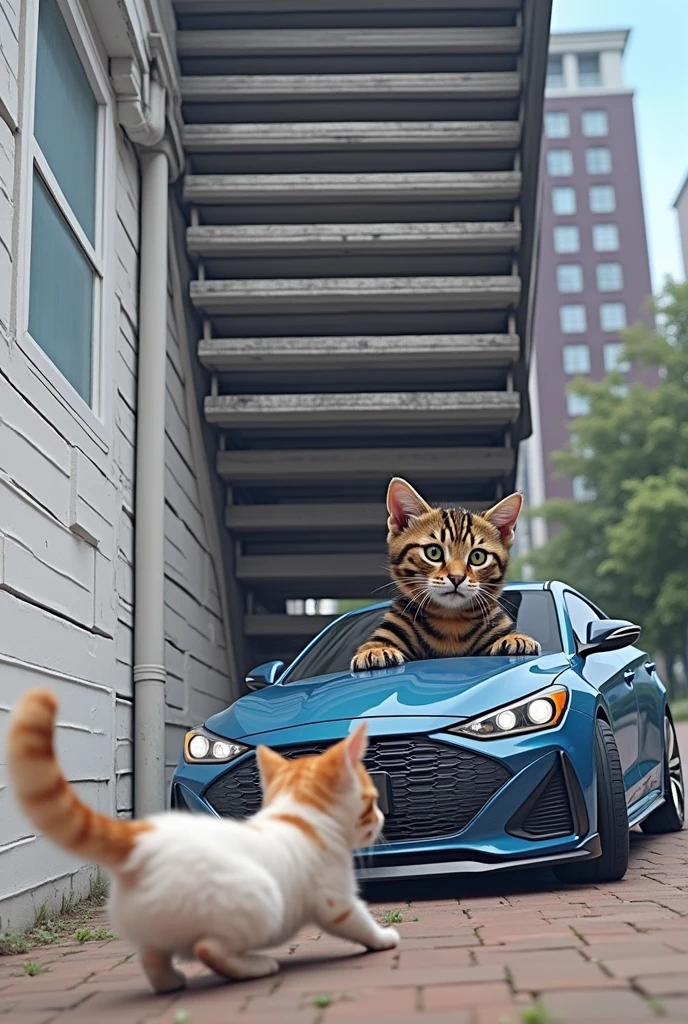 Create a photo of a Cris-colored European tiger cat driving a 2016 Hyundai Veloter vehicle looking at the car and the kitten