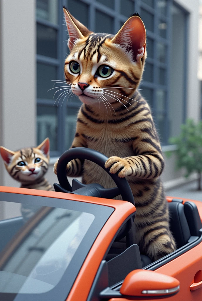 Create a photo of a Cris-colored European tiger cat driving a 2016 Hyundai Veloter vehicle looking at the car and the kitten