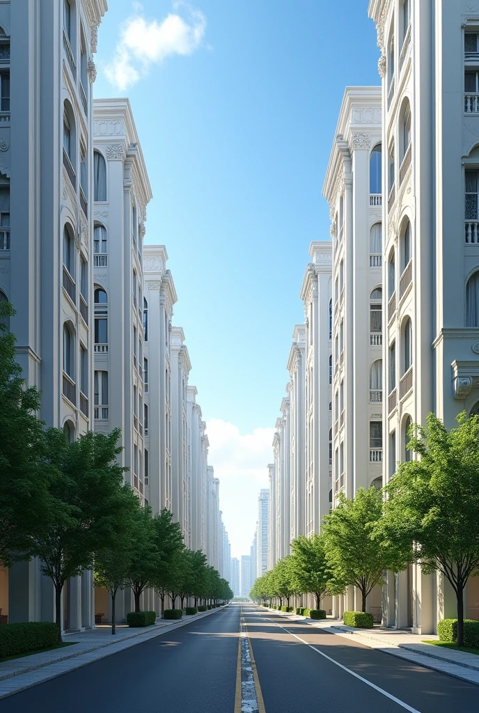**Description for the image:**
- **Location**: Main avenue of the city of Mollendo.
- **buildings**: Two rows of residential buildings, located on both sides of the avenue. There are 8 buildings on the left side and 8 on the right side..
- **Design of buildings**: Each building has a unique design, with variations in architecture (Shapes, structures, Details). They are all white.
- **Height**: Each building is approximately 80 meters high and has around 28 floors..
- **Trees and path**: Includes trees along the avenue and on the central path.
--- Make sure the buildings have diverse designs and keep the white color consistent throughout..