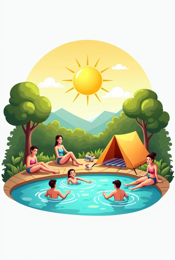Logo for a company that provides a leisure space. Put people having fun, a swimming pool, space with a tent for camping, sol and related