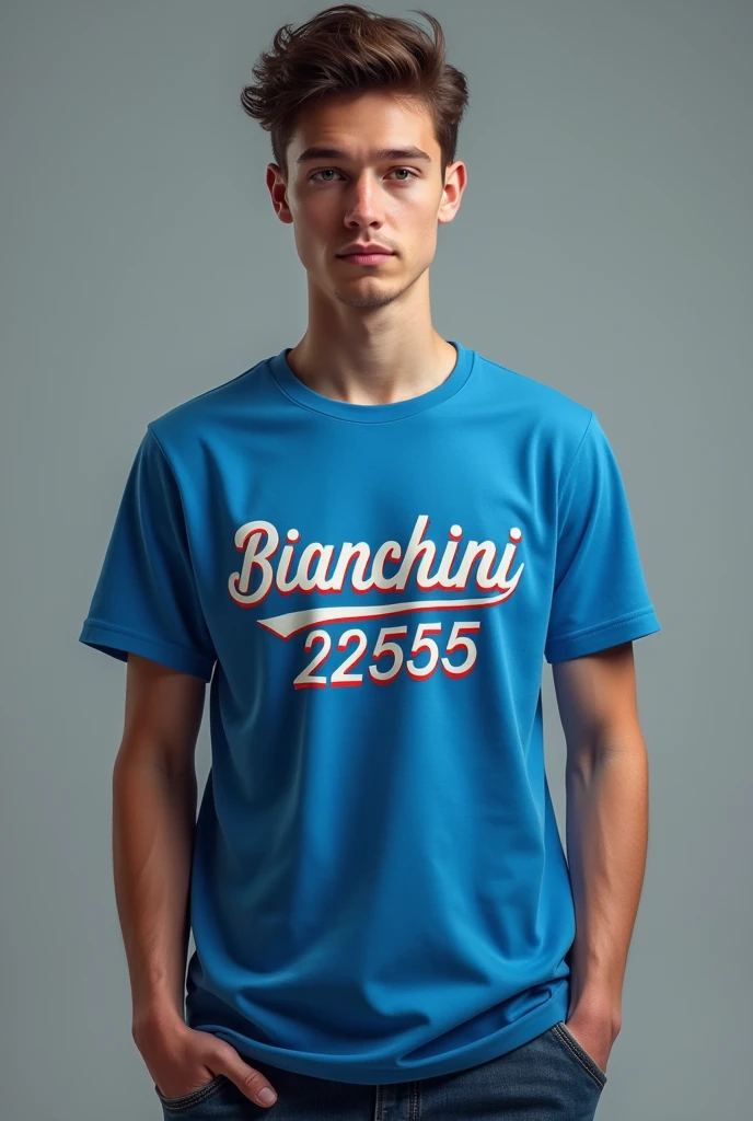 A person wearing a blue t-shirt with the word Bianchini 22555
