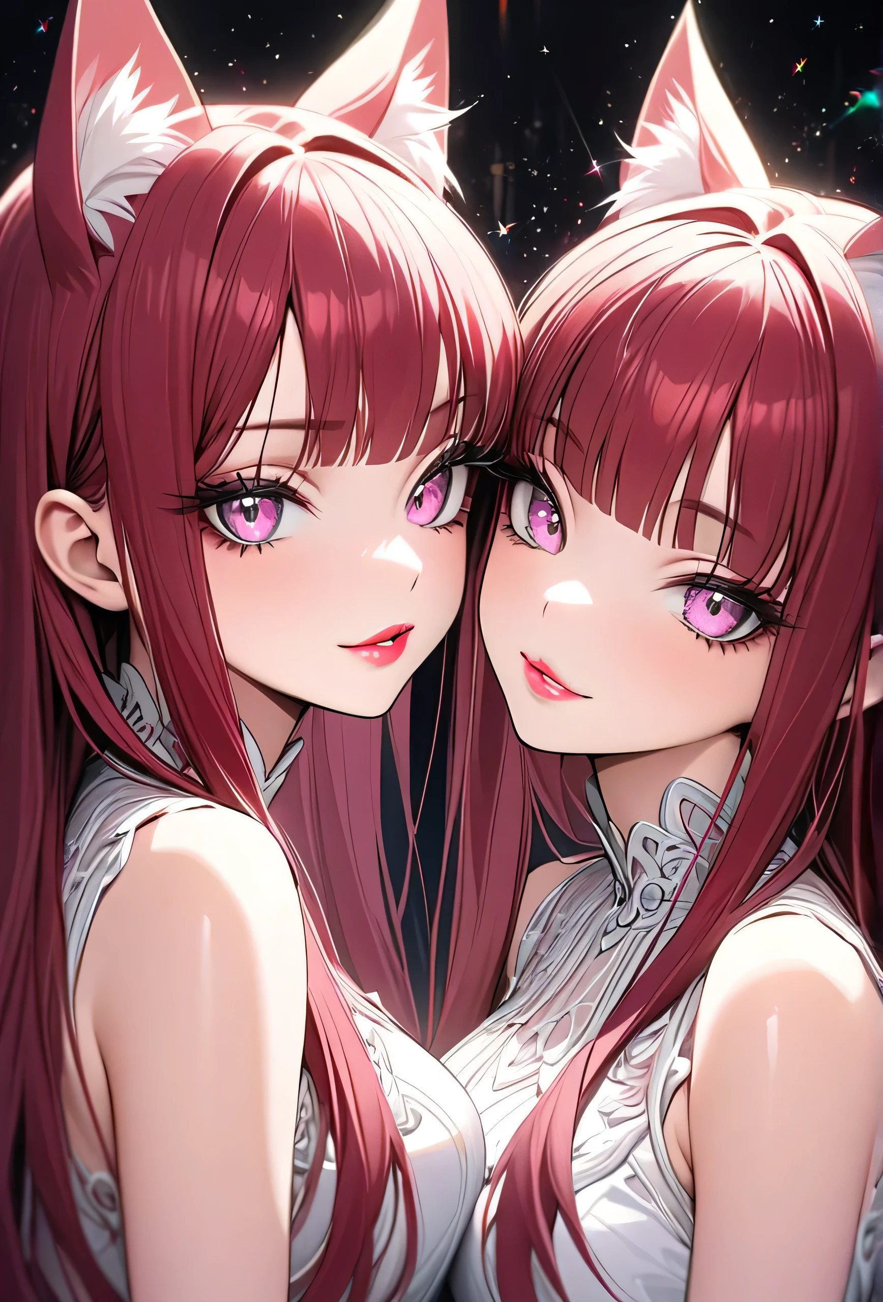 clone girls, identical twins, embracing (masterpiece), best quality, highly detailed face, (SHARP details), highly detailed, expressive eyes, SHARP detail expressive eyes, (SHARP detail perfect face), (cat ears), (pastel, cute, sparkles), maroon red hair,(shiny lipstick) (pink eyes), long hair, detailed face, medium breasts, long eyelashes, mature, (smirk, closed lips, big plump lips, eyeshadow) shiny skin, beautiful eyes,(detailed eyes, sharp eyes, clear pupils:0.8), blunt bangs, wispy bangs, naughty look